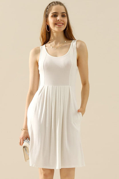 Doublju Full Size Round Neck Ruched Sleeveless Dress with Pockets.