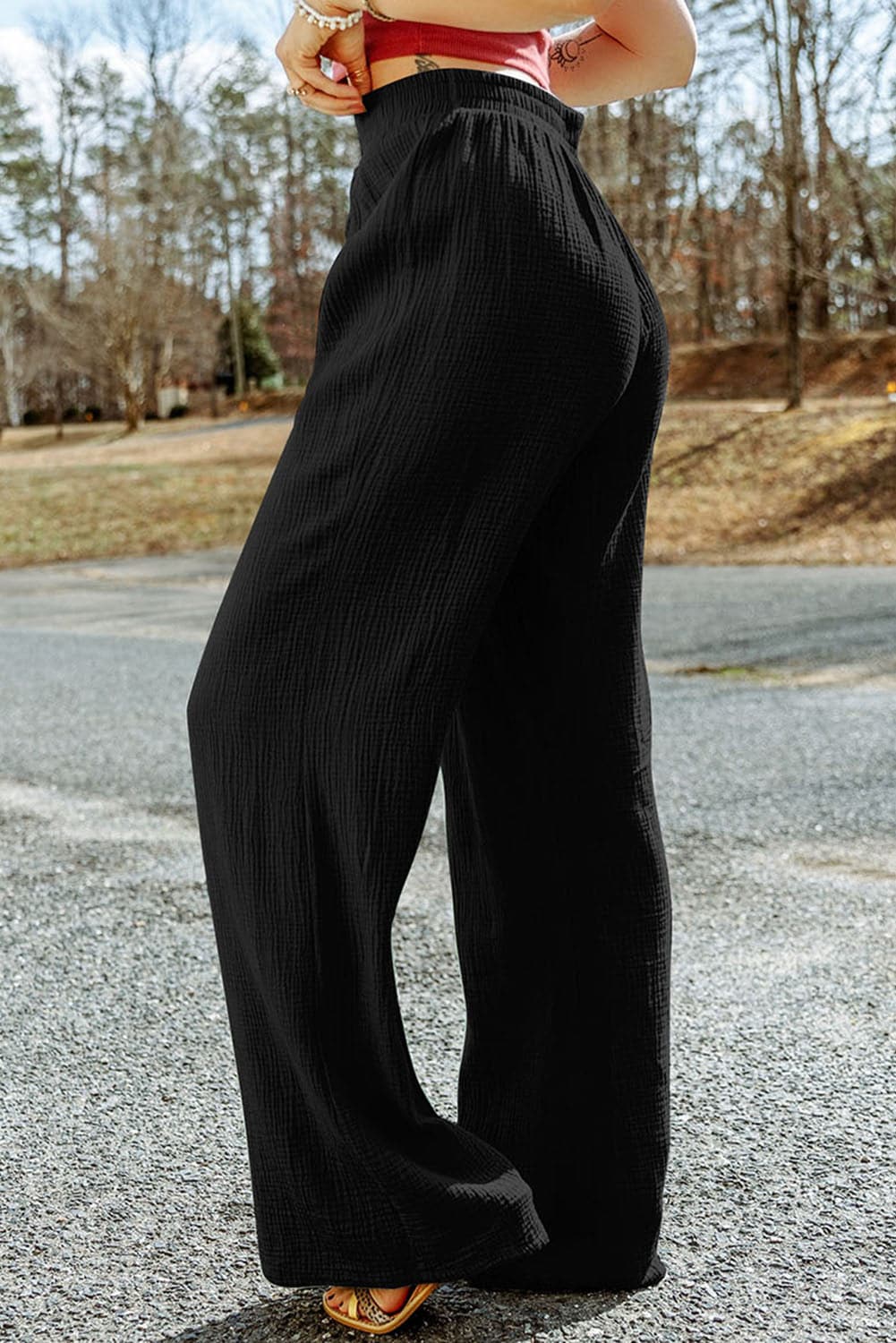 Texture Tied Wide Leg Pants.