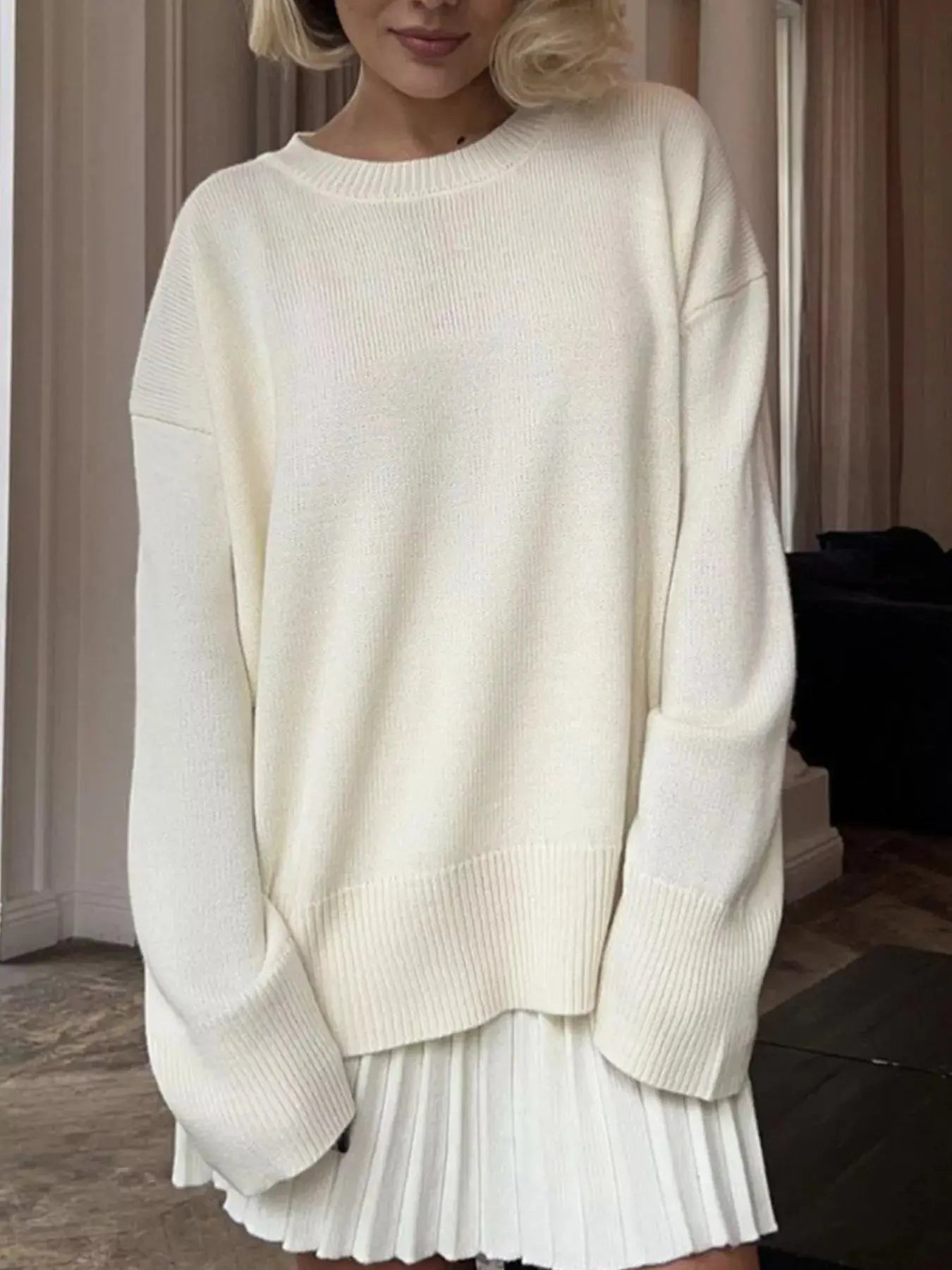 Round Neck Top and Pleated Skirt Sweater Set Simply Love