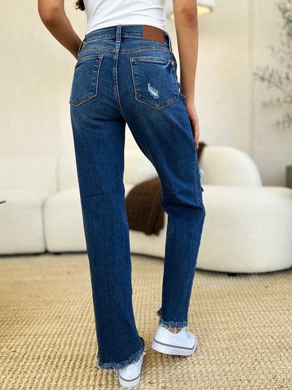 Judy Blue Full Size Mid Rise Distressed Raw Hem Jeans.