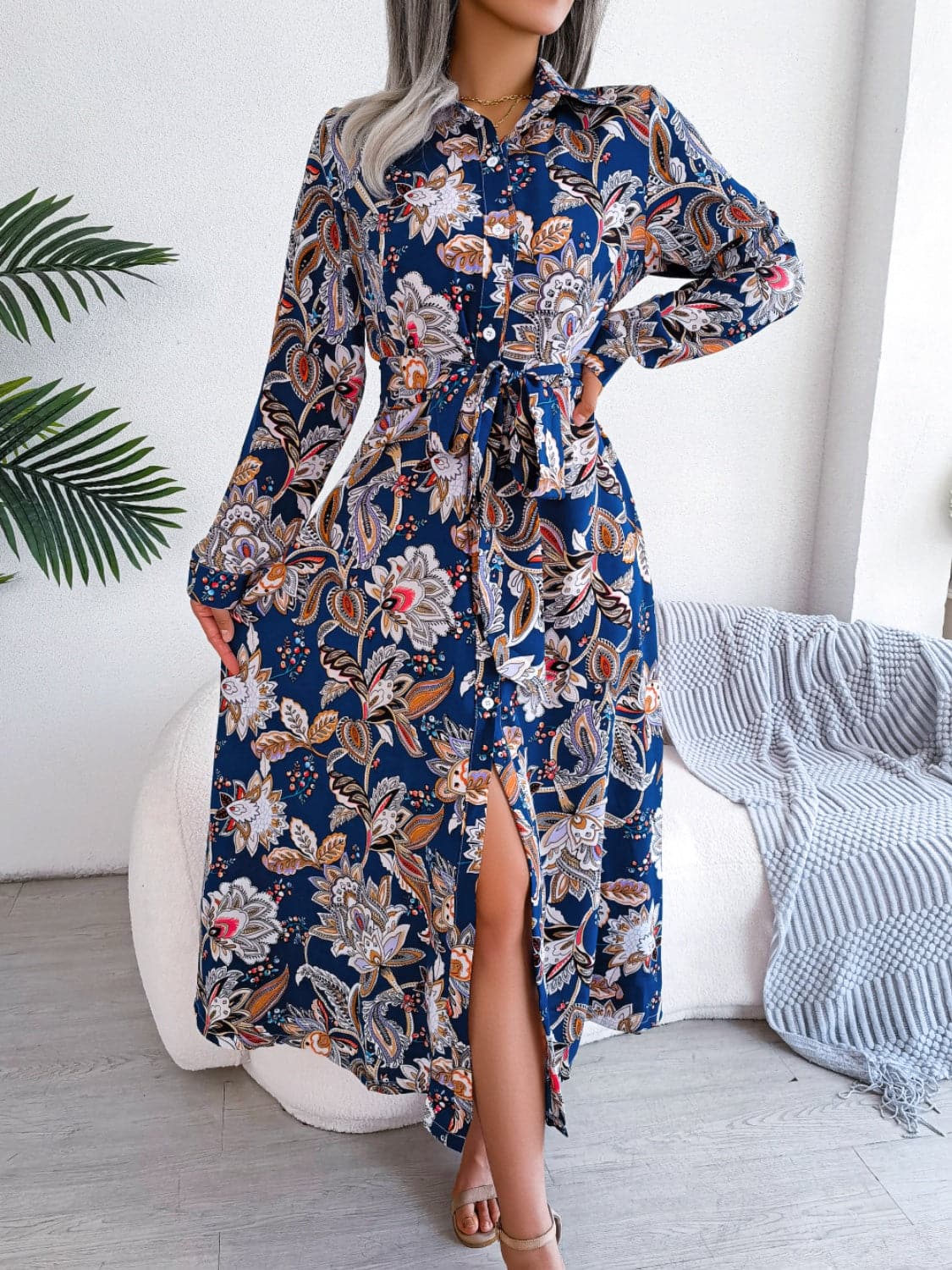 Tied Printed Long Sleeve Midi Dress.