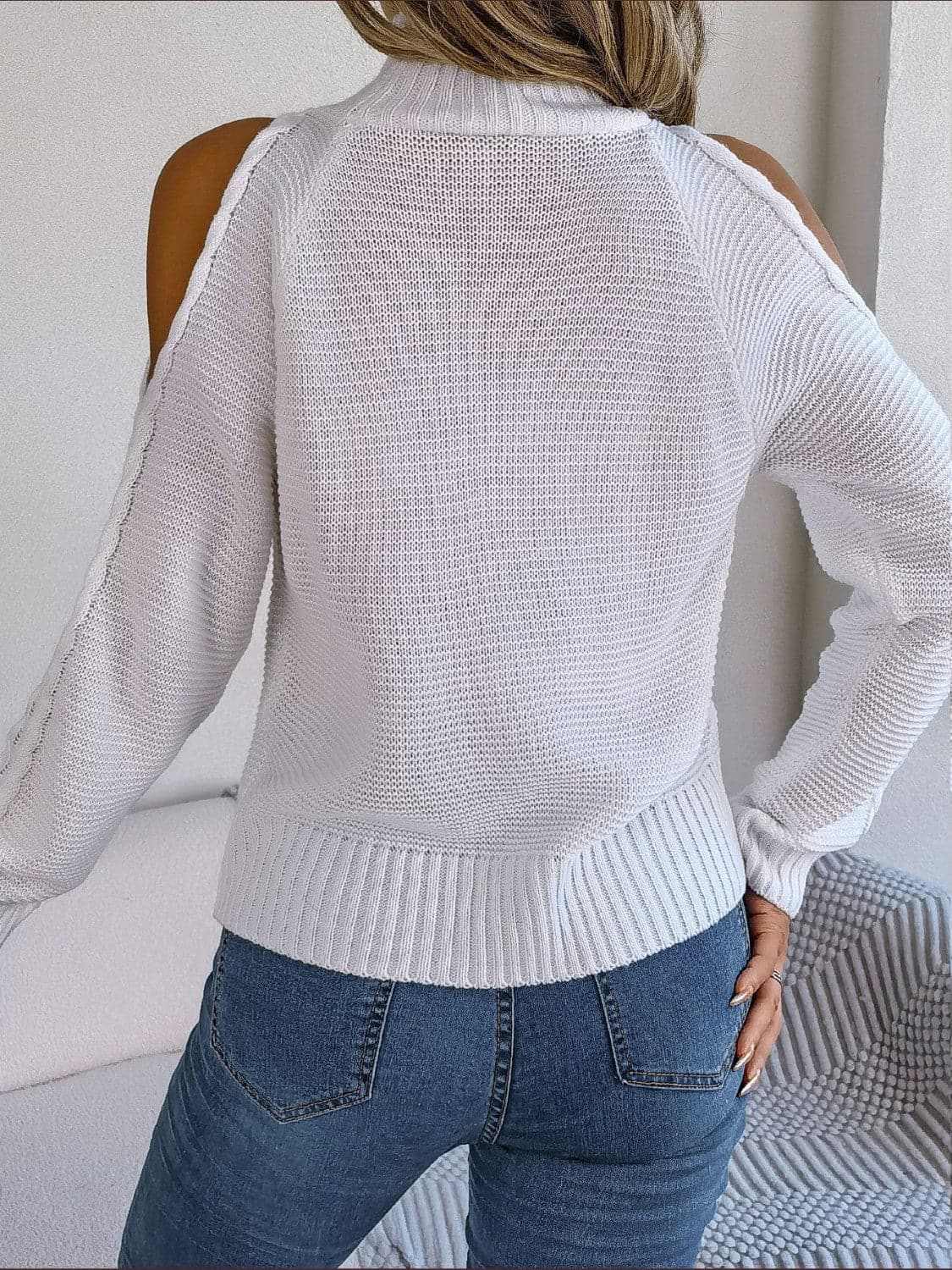 Cable-Knit Turtleneck Cold Shoulder Sweater.