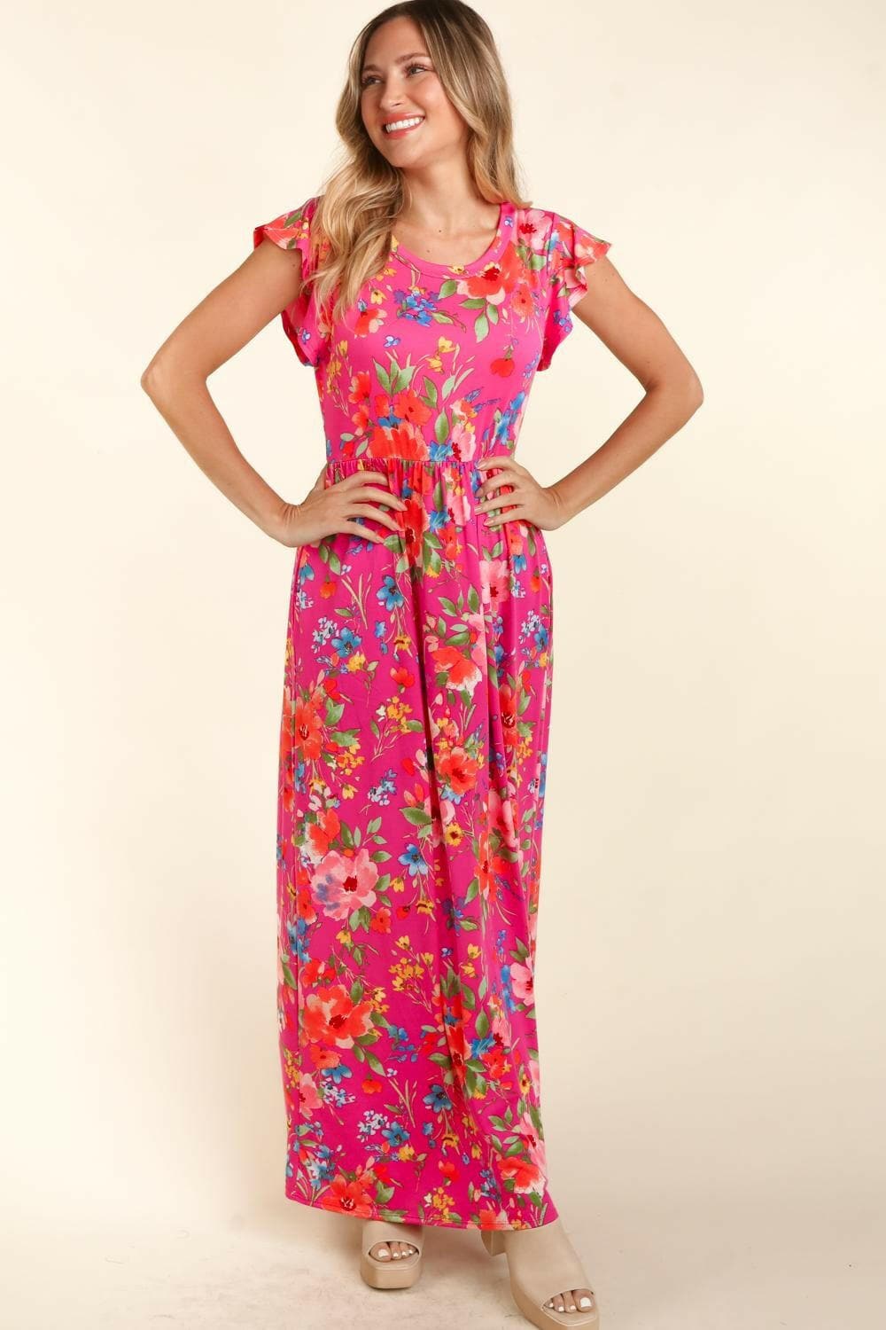 Haptics Floral Ruffled Round Neck Cap Sleeve Dress.