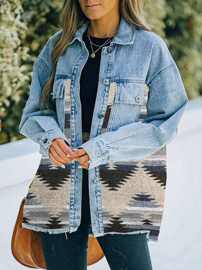 Collared Neck Dropped Shoulder Denim Jacket.