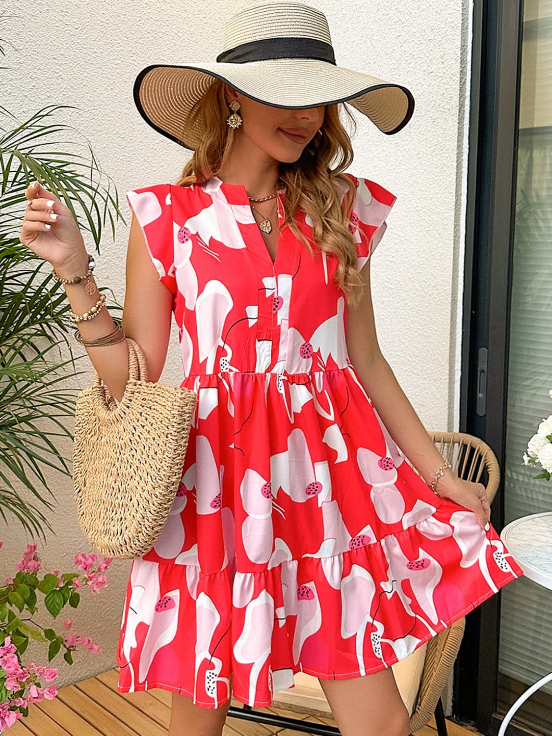 Printed Notched Cap Sleeve Dress.