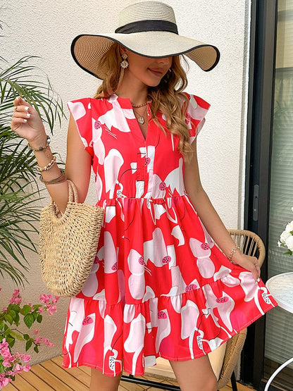 Printed Notched Cap Sleeve Dress.