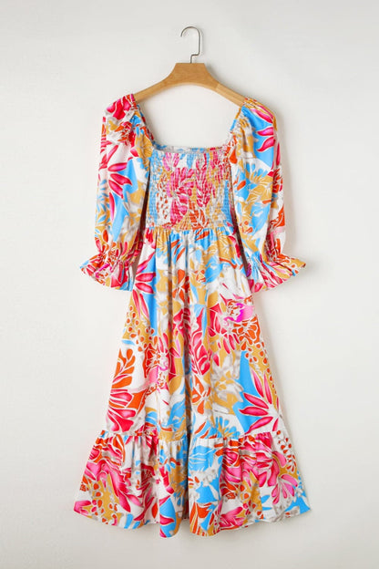 Smocked Printed Half Sleeve Midi Dress.