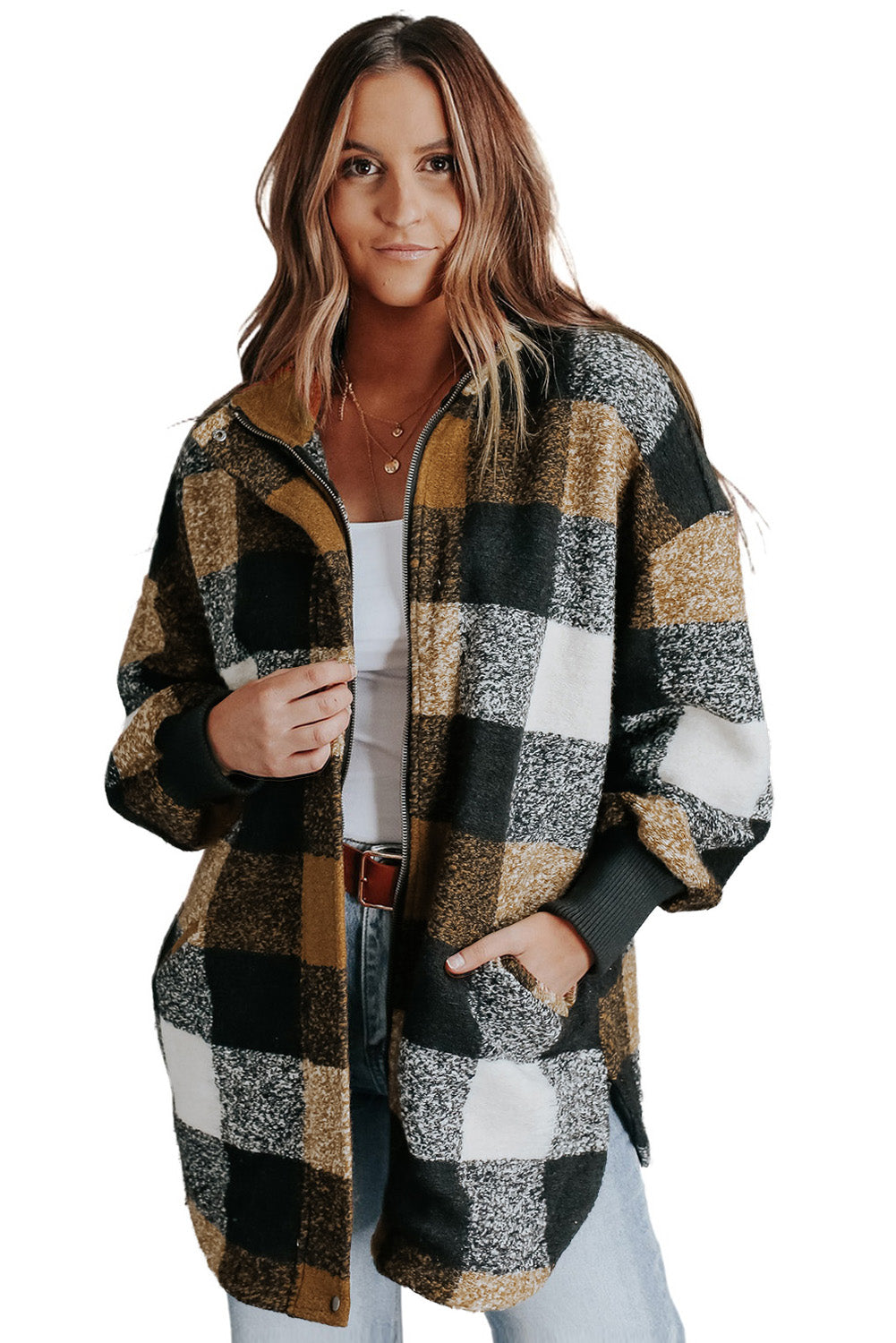 Plaid overcoat with zipper side pockets and casual style