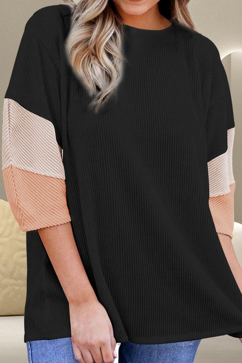 Color Block Round Neck Three-Quarter Sleeve Blouse.