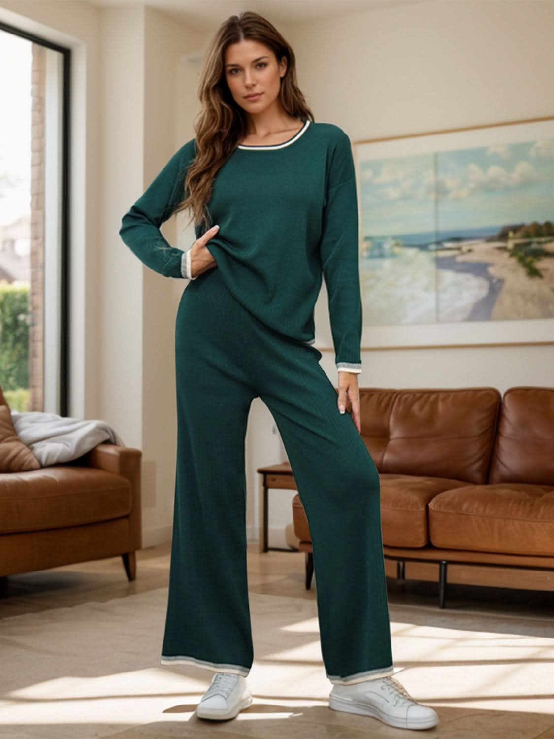 Contrast Trim Cozy Knit Top and Bottom Set