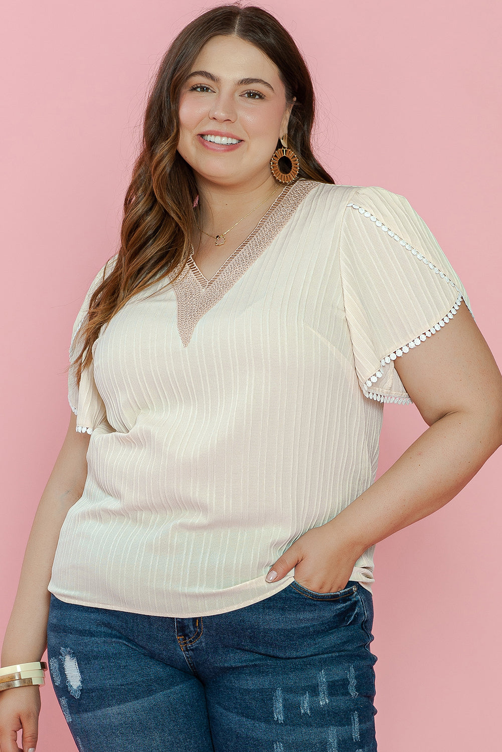 Beige plus size lace petal sleeve blouse with contrast detailing