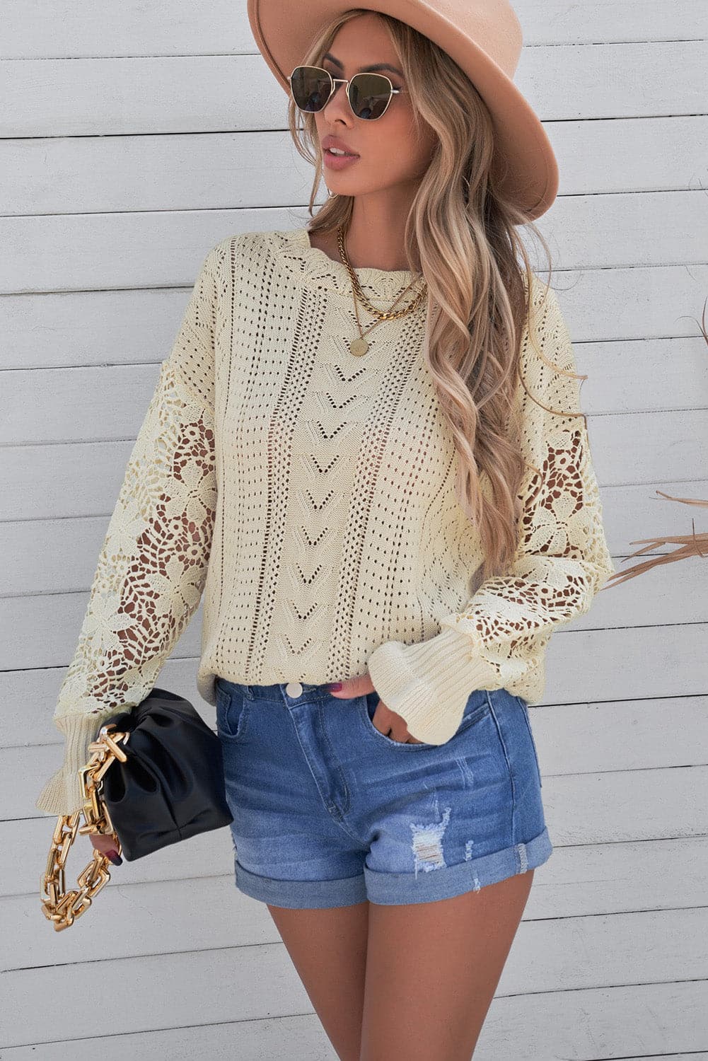 Openwork Lantern Sleeve Dropped Shoulder Sweater.