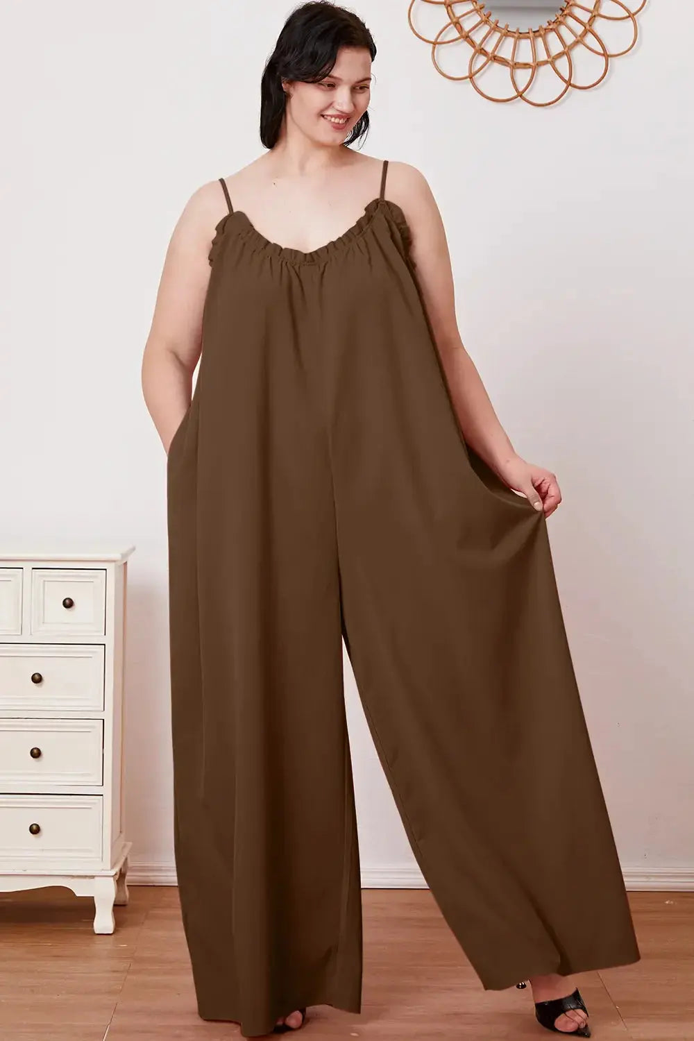 Double Take Full Size Ruffle Trim Tie Back Cami Jumpsuit with Pockets - Love Salve
