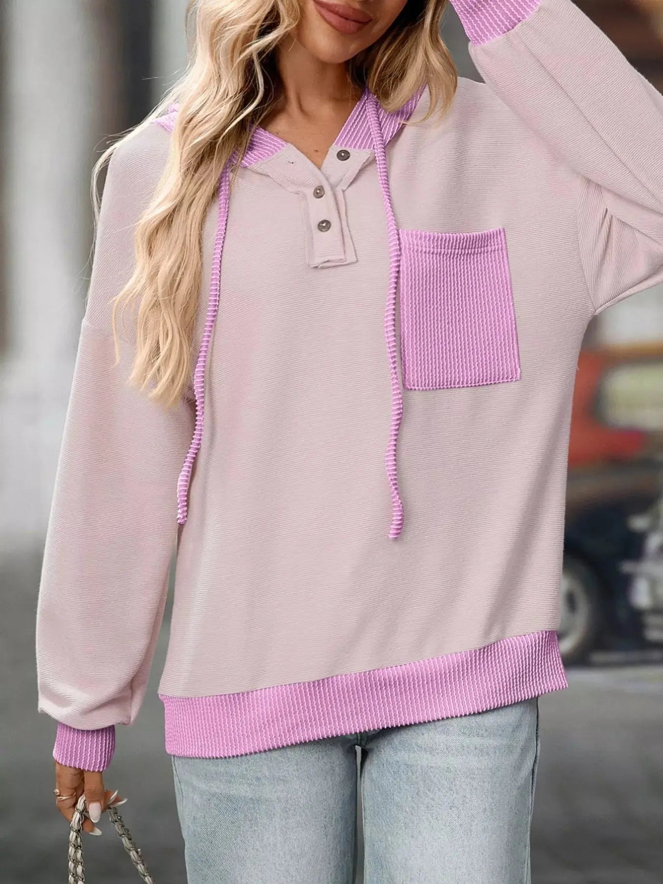 Casual Color Block Button Detail Hoodie Simply Love