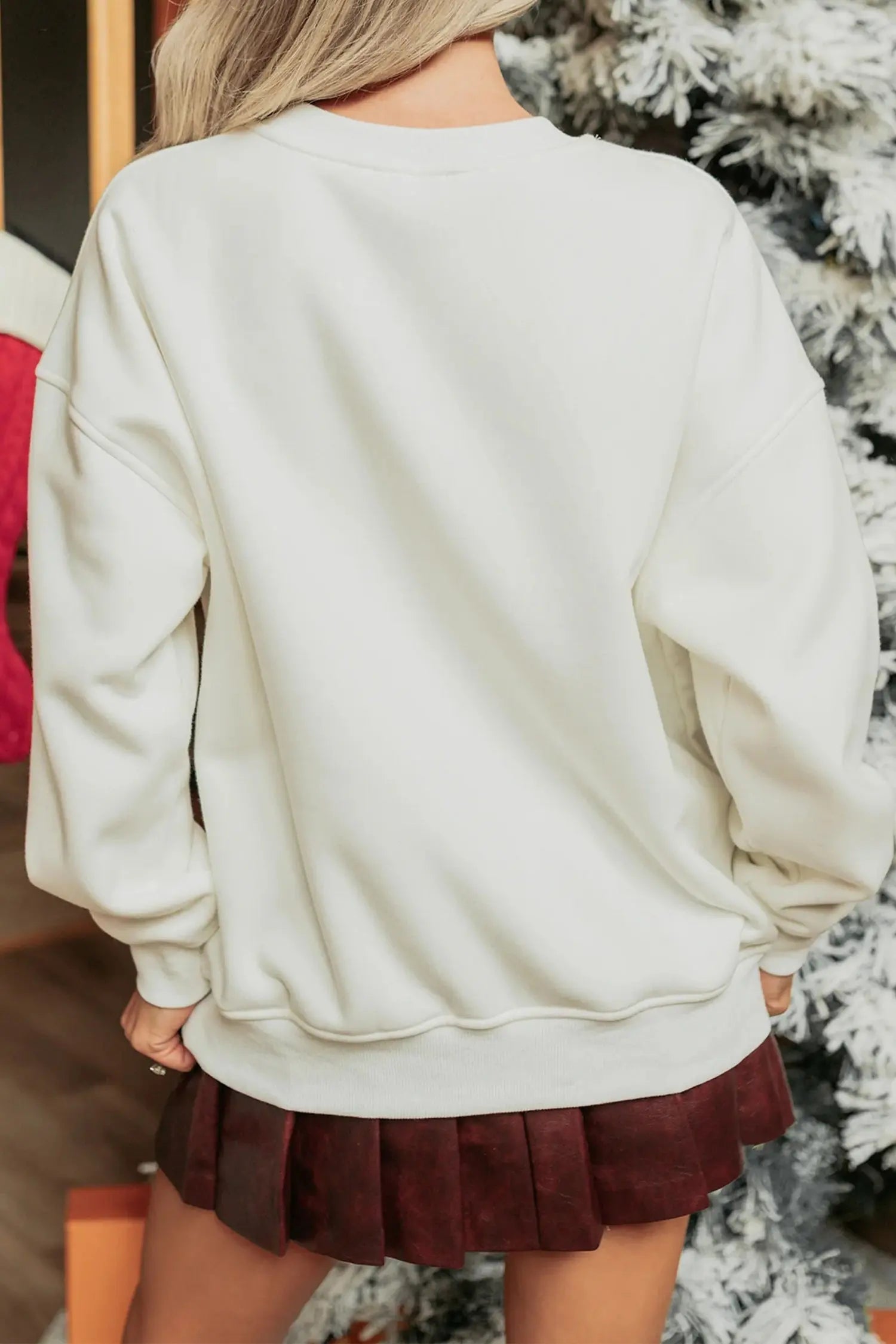 White Christmas Tree Ribbon Bow Printed Drop Shoulder Sweatshirt Dear-Lover Dropshipping