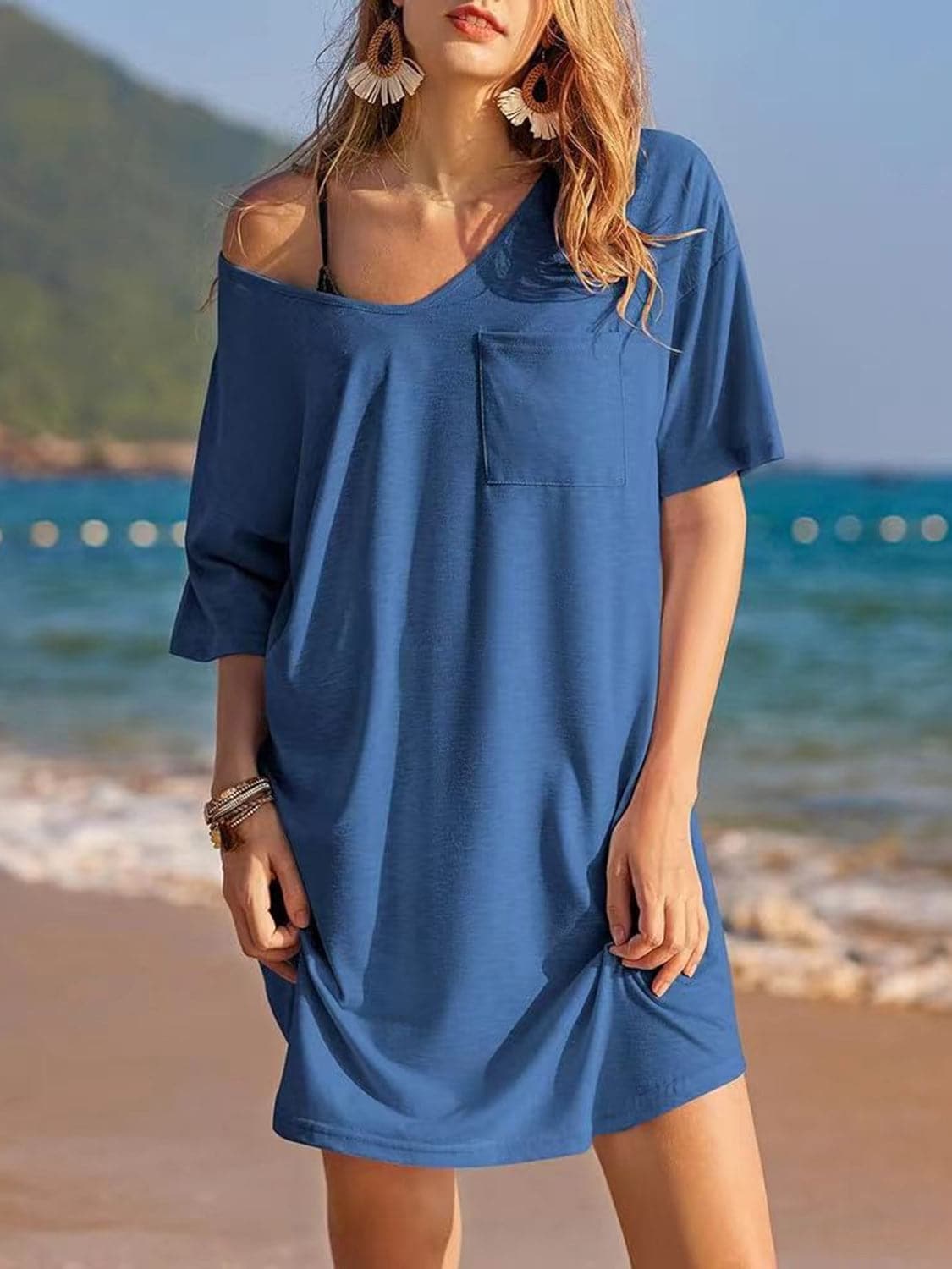 Pocketed V-Neck Short Sleeve Tee Dress.