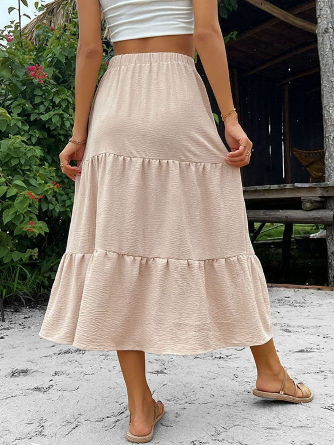 Button Down Tiered Midi Skirt.