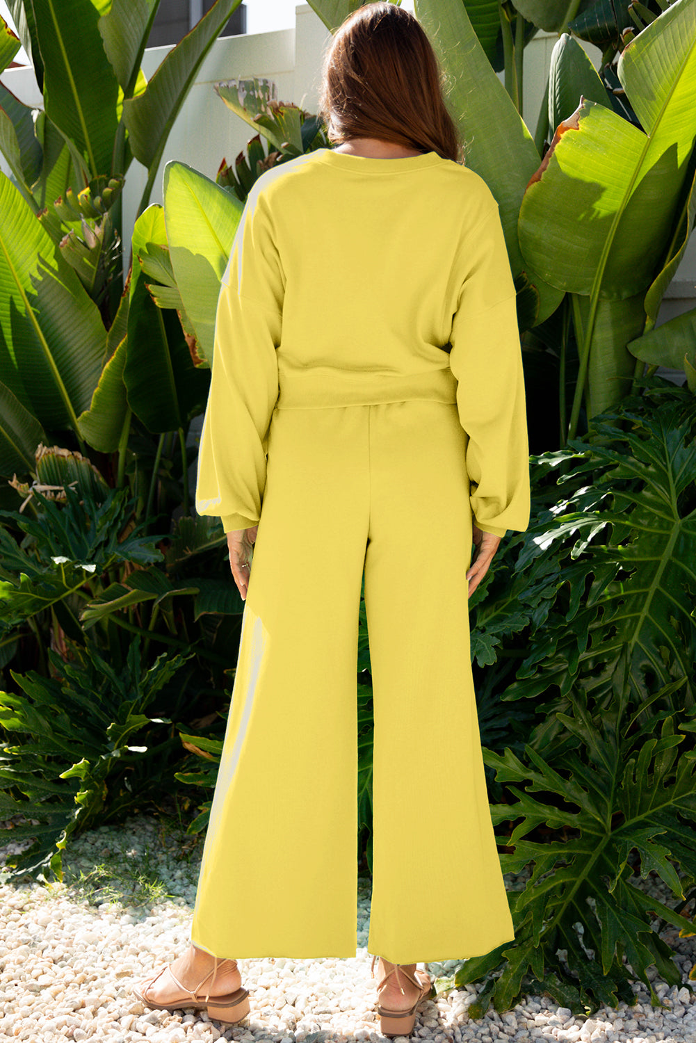 Yellow Cream Puff Sleeve Crop Top and Wide Leg Pants