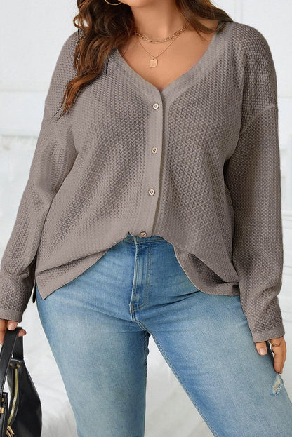 Cozy taupe waffle knit plus size V-neck top with button details