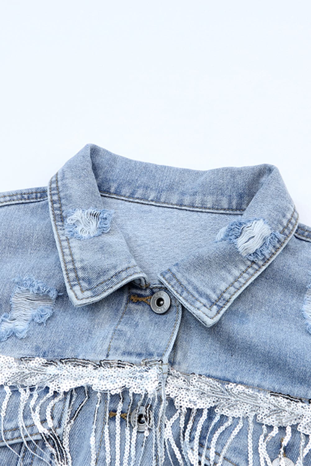 Sequin Fringe Trim Distressed Button Up Denim Jacket.