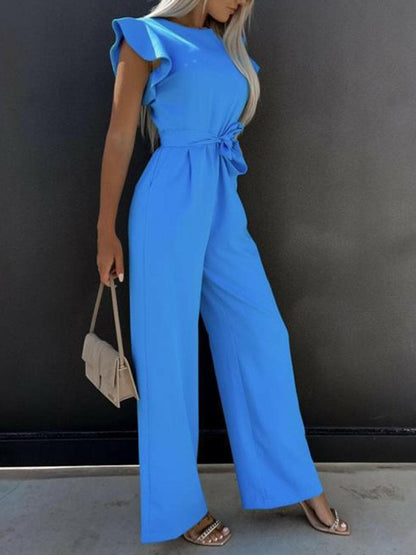 Ruffled Round Neck Cap Sleeve Jumpsuit.