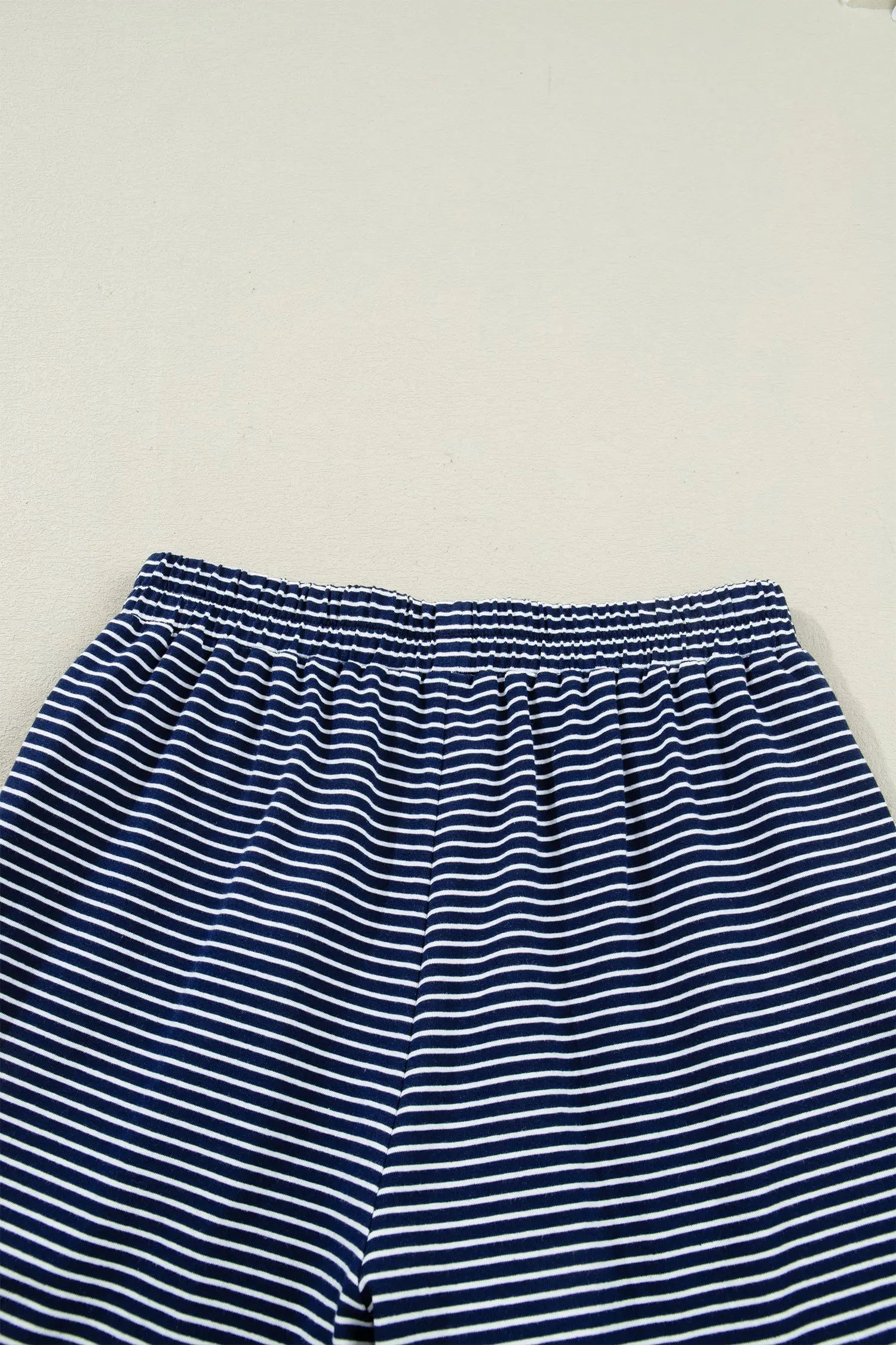 Blue Stripe Drop Shoulder Long Sleeve Tee And Buttoned Shorts Lounge Set 2pcs Dear-Lover Dropshipping