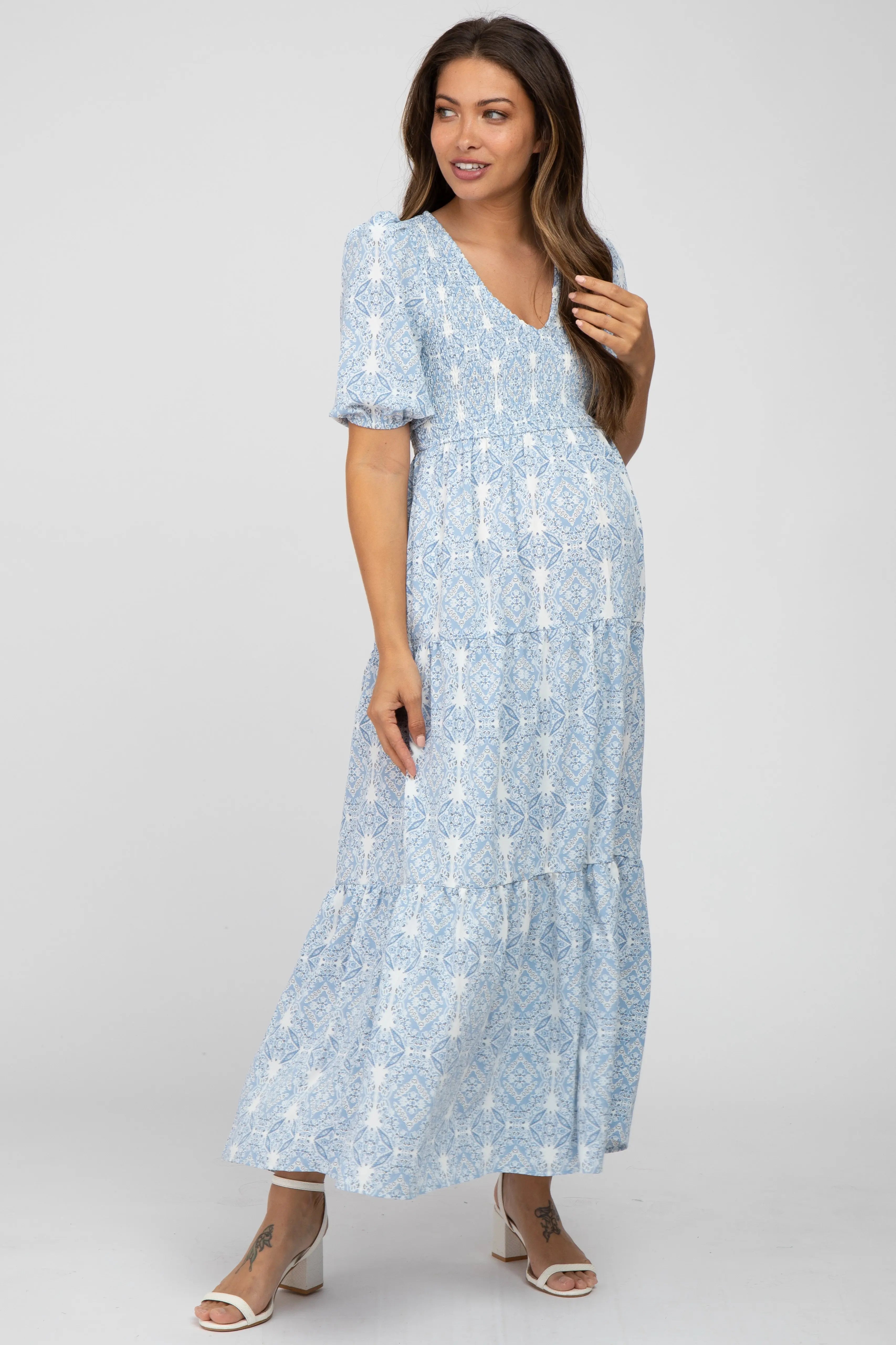Blue Paisley Print Smocked Tiered Maternity Maxi Dress PinkBlush