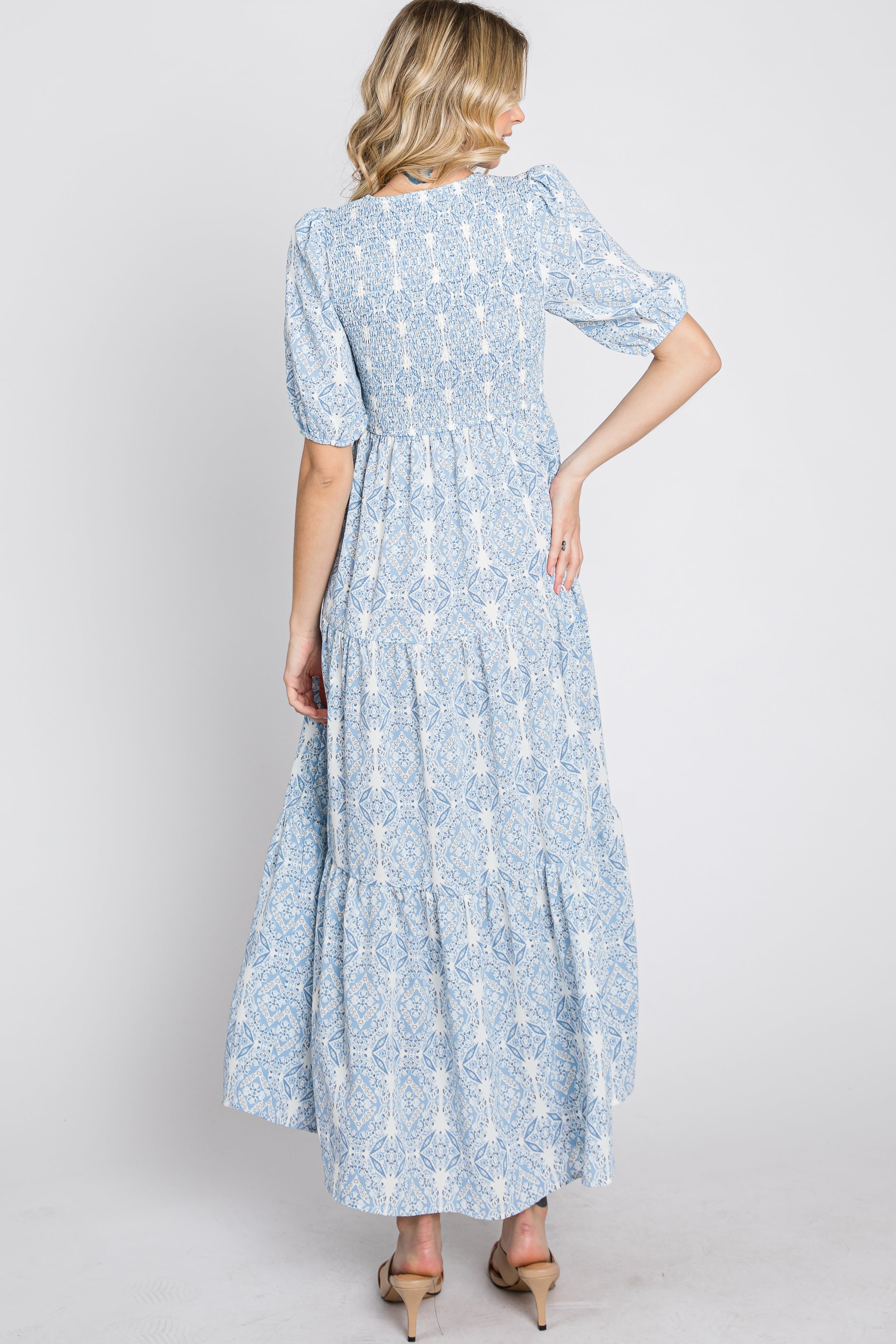 Blue Paisley Print Smocked Tiered Maxi Dress PinkBlush