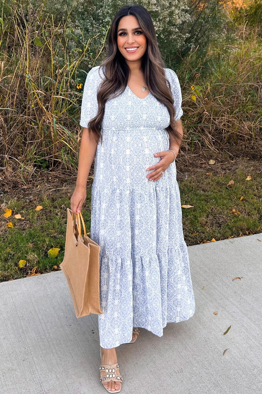 Blue Paisley Print Smocked Tiered Maternity Maxi Dress PinkBlush