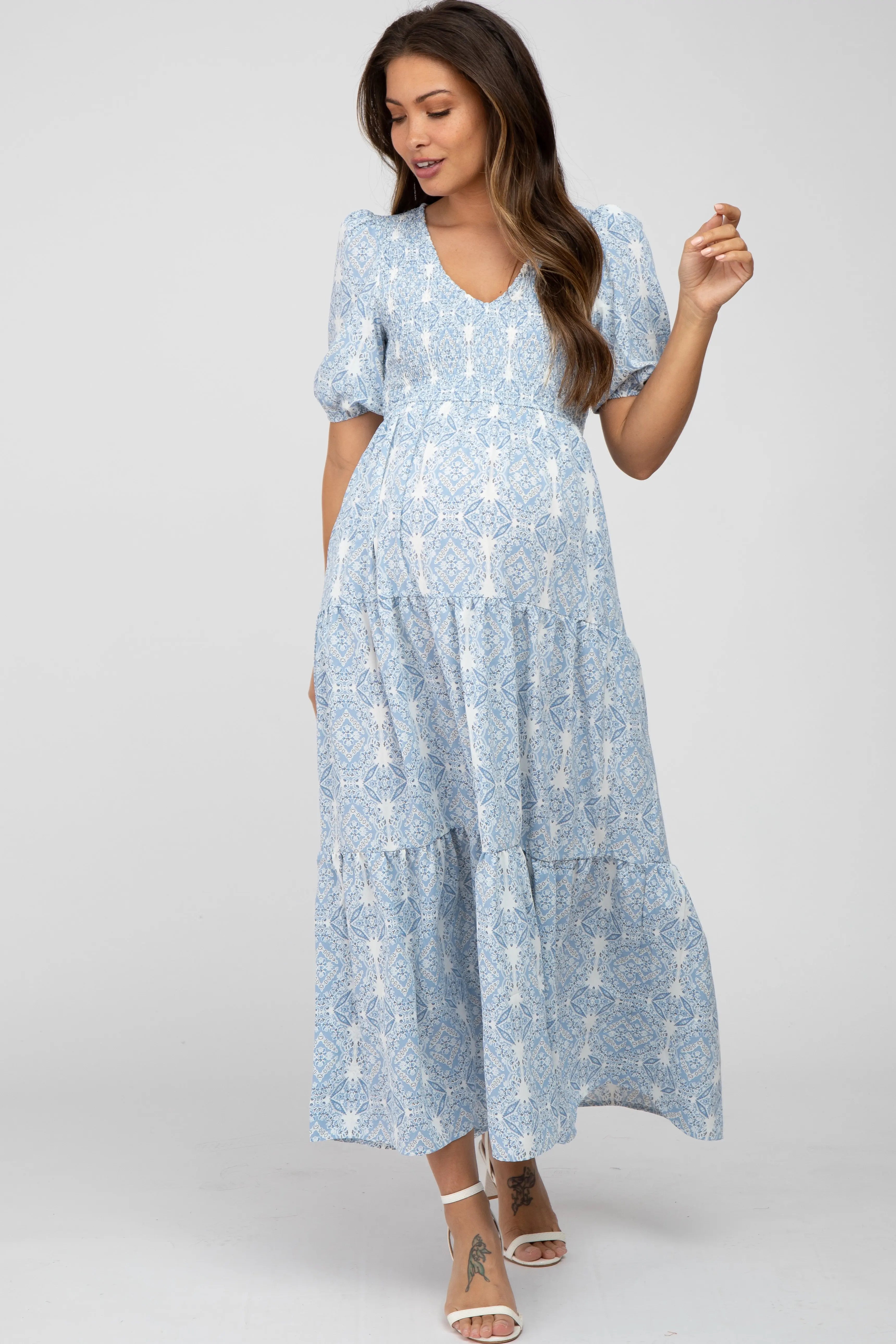 Blue Paisley Print Smocked Tiered Maternity Maxi Dress PinkBlush