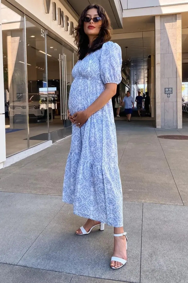 Blue Paisley Print Smocked Tiered Maternity Maxi Dress PinkBlush