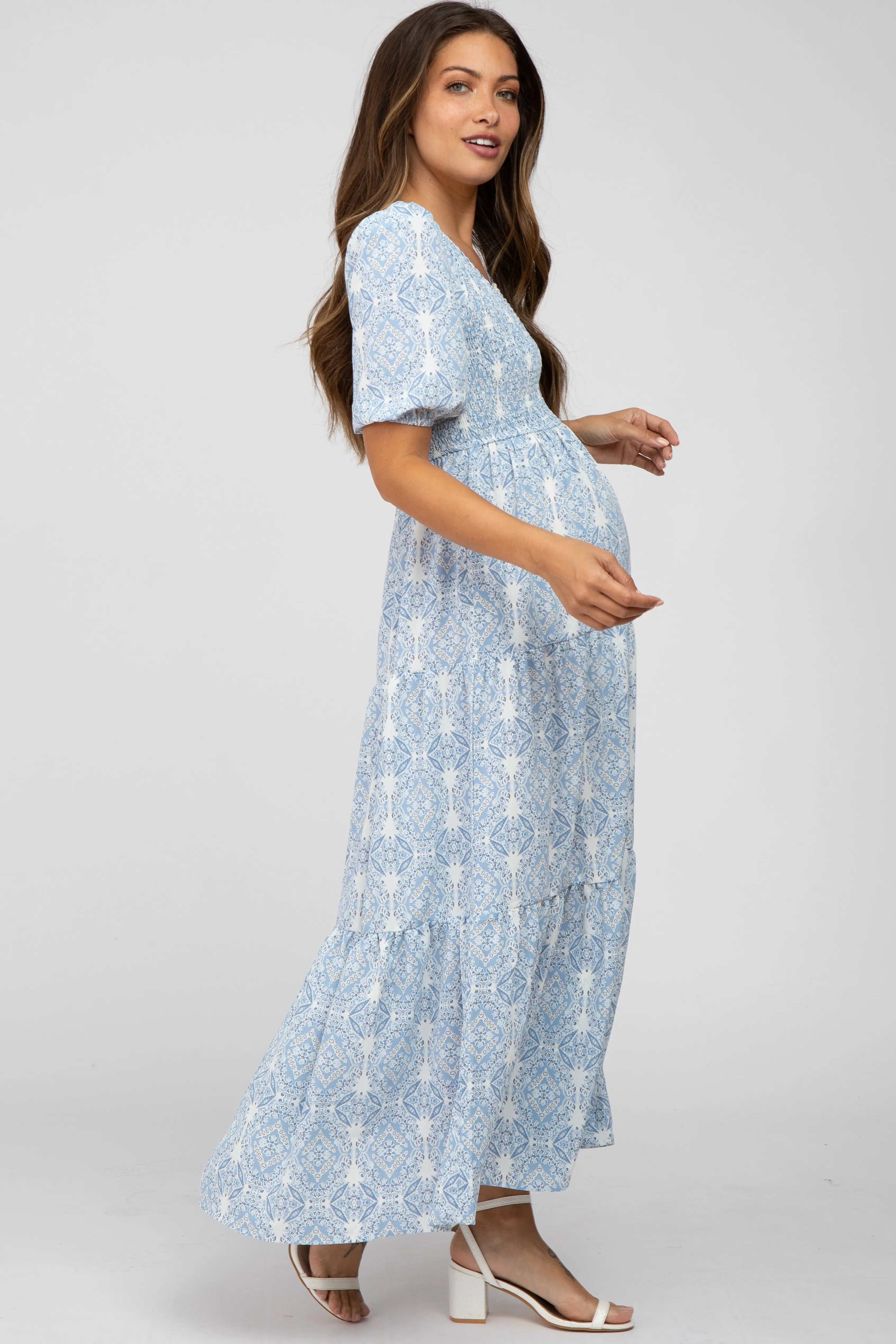 Blue Paisley Print Smocked Tiered Maternity Maxi Dress PinkBlush