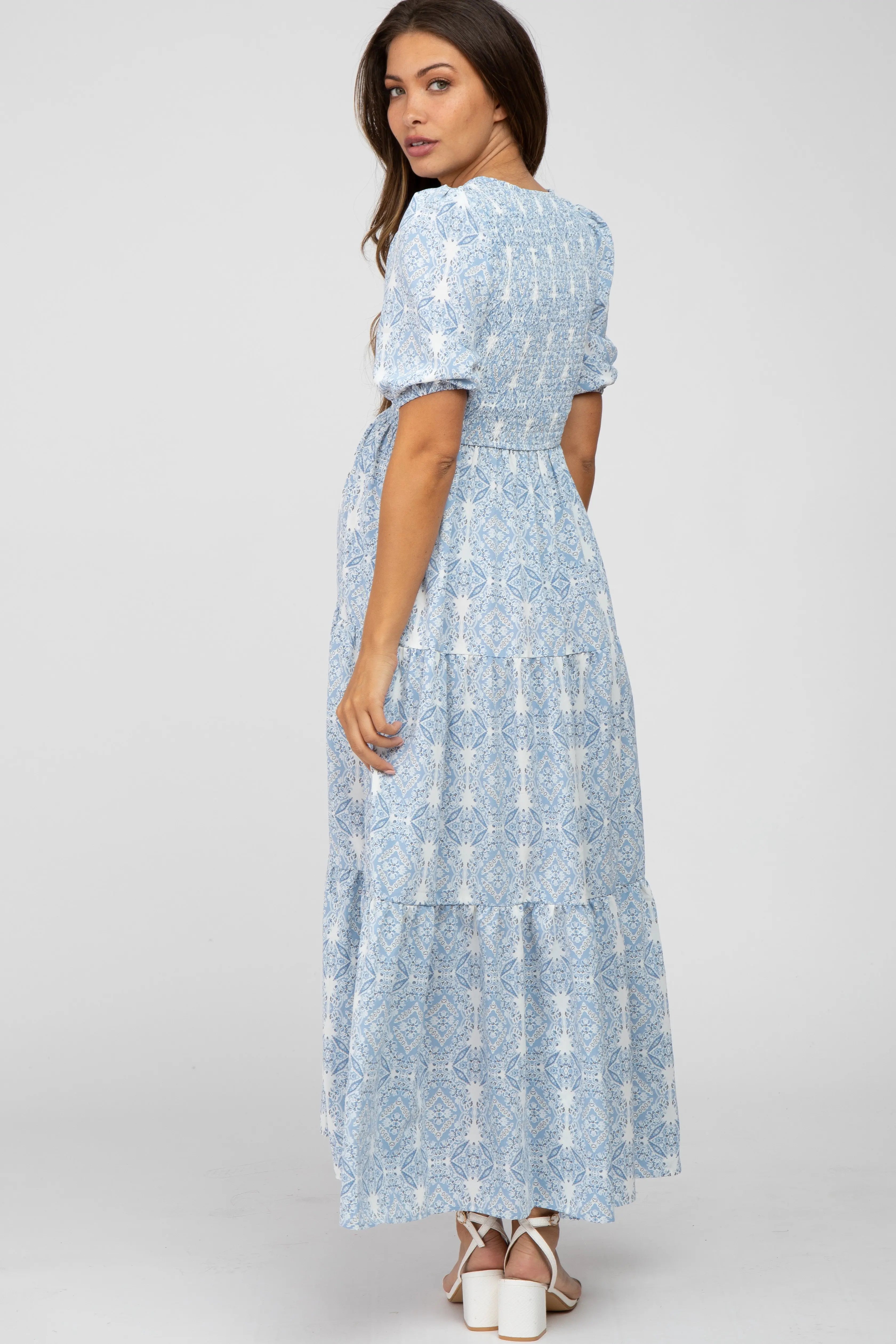 Blue Paisley Print Smocked Tiered Maternity Maxi Dress PinkBlush