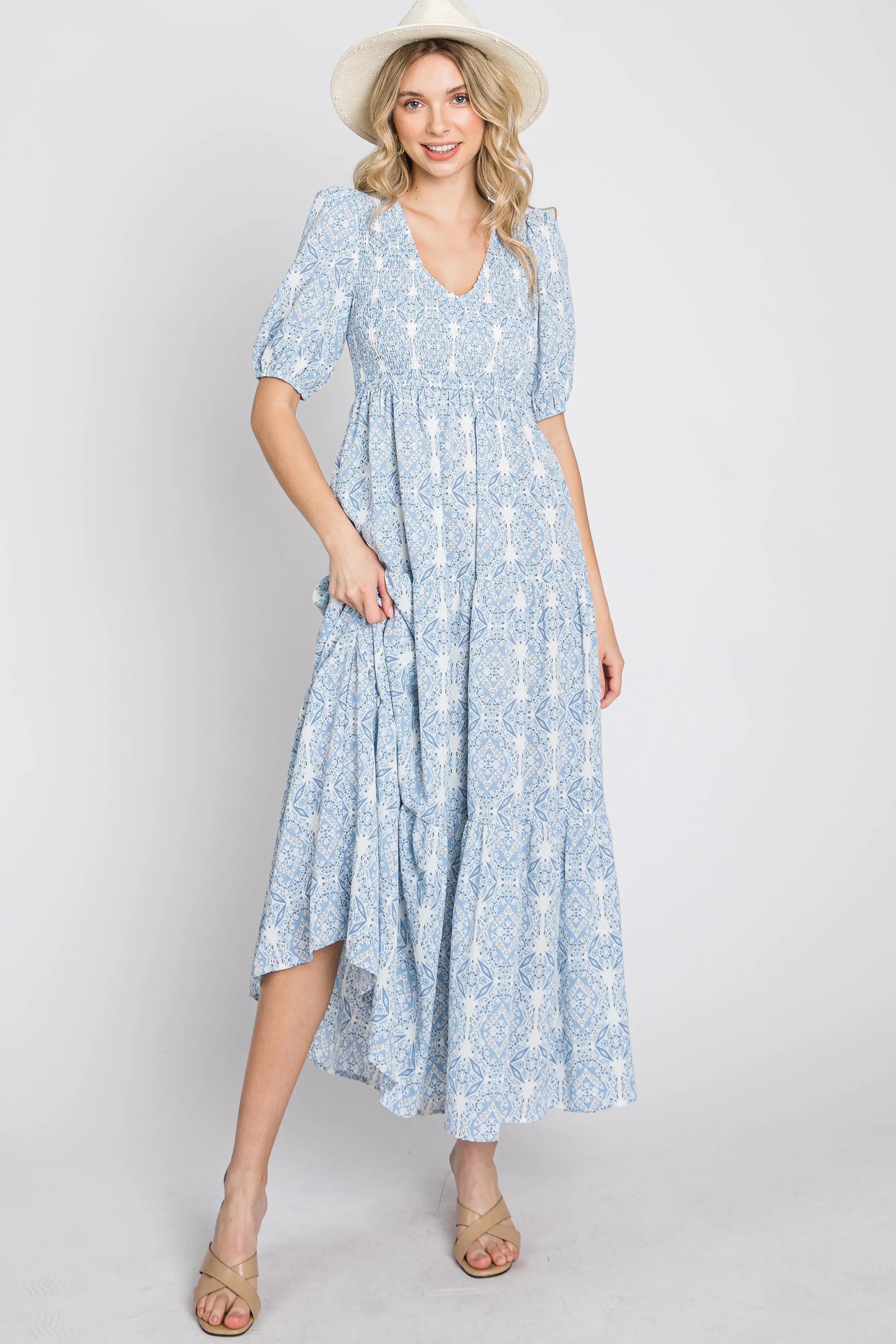 Blue Paisley Print Smocked Tiered Maternity Maxi Dress PinkBlush