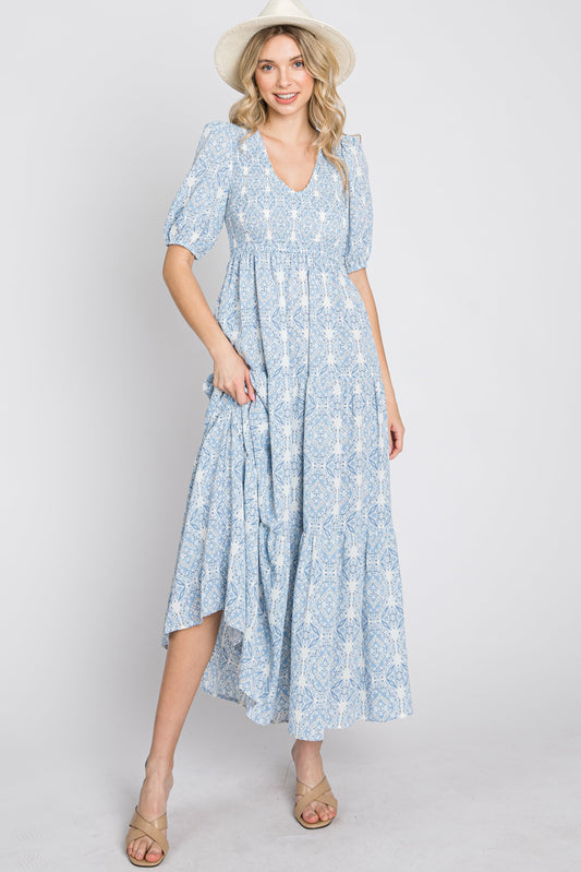 Blue Paisley Print Smocked Tiered Maxi Dress PinkBlush