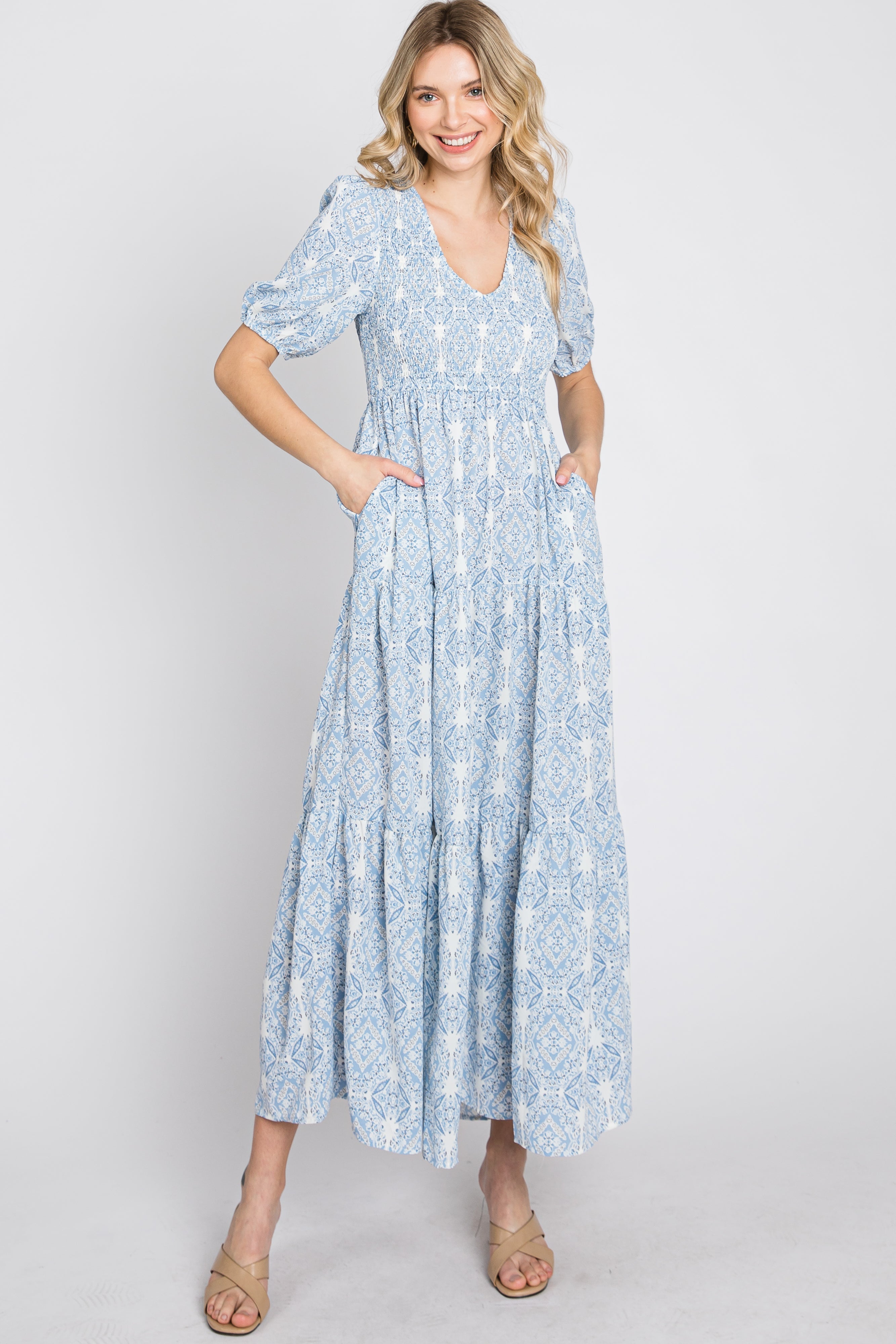 Blue Paisley Print Smocked Tiered Maxi Dress PinkBlush