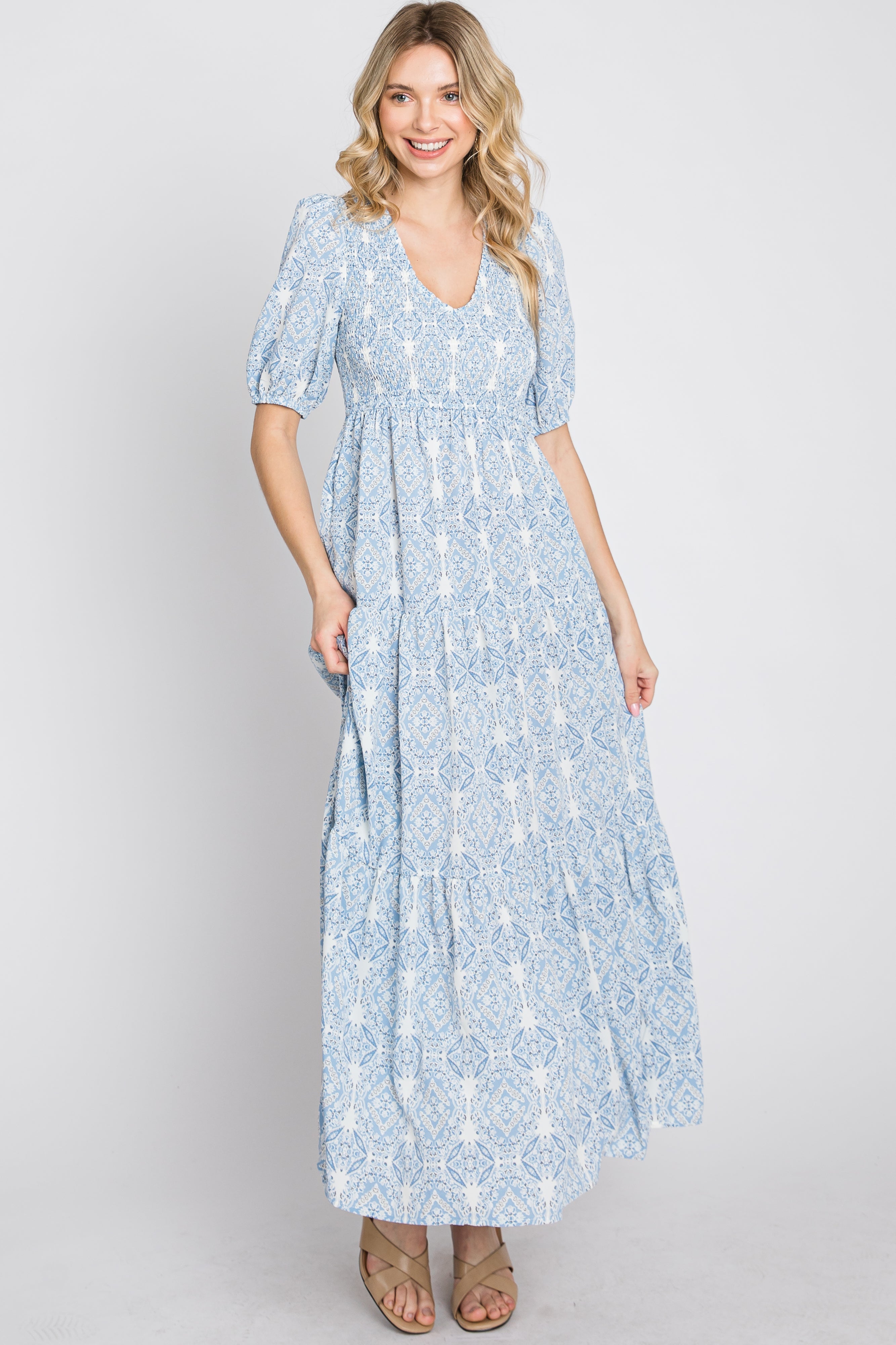 Blue Paisley Print Smocked Tiered Maxi Dress PinkBlush