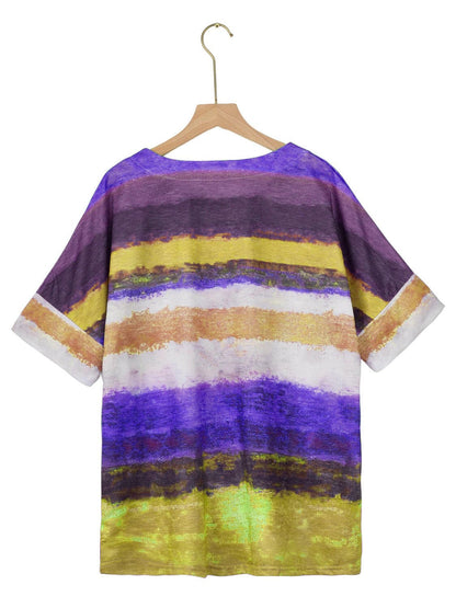 Full Size Color Block Round Neck Half Sleeve T-Shirt.