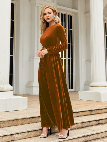 Tie Front Round Neck Long Sleeve Maxi Dress.