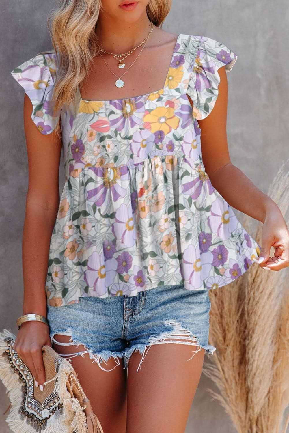 Floral Square Neck Babydoll Top.