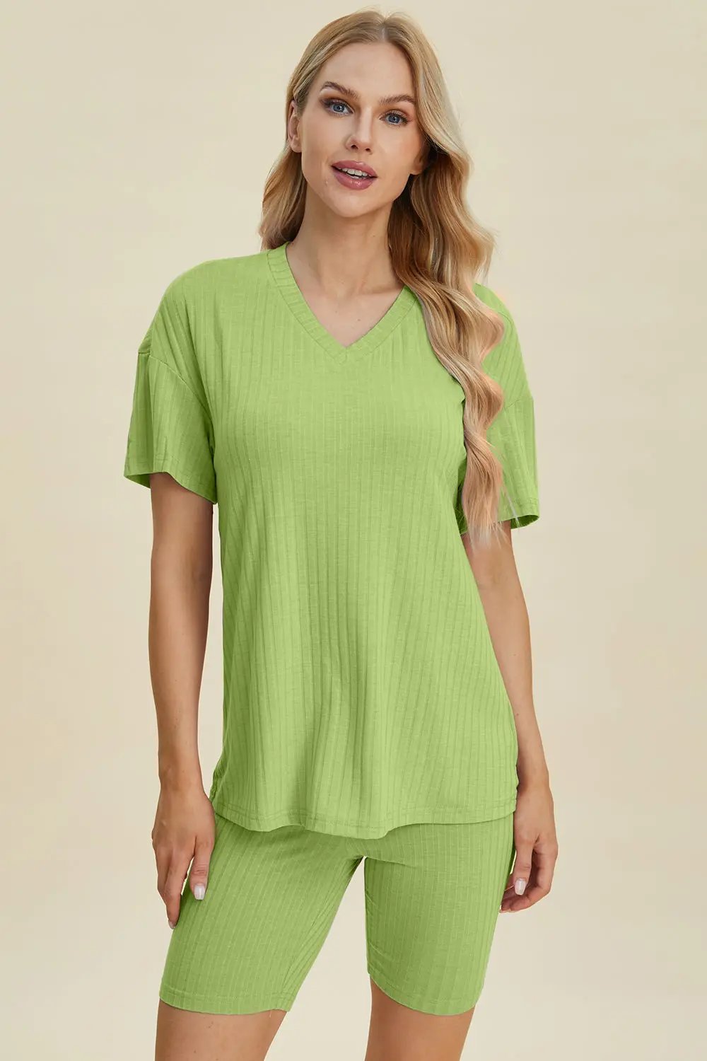 Basic Bae Full Size Ribbed V-Neck Short Sleeve Top and Shorts Set - Love Salve