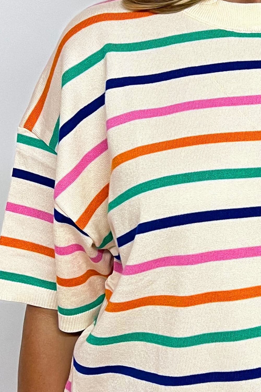 Striped Round Neck Half Sleeve Knit Top.