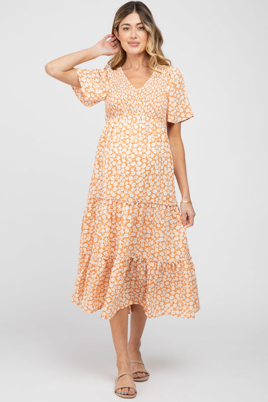 Peach Floral Tiered Maternity Midi Dress PinkBlush