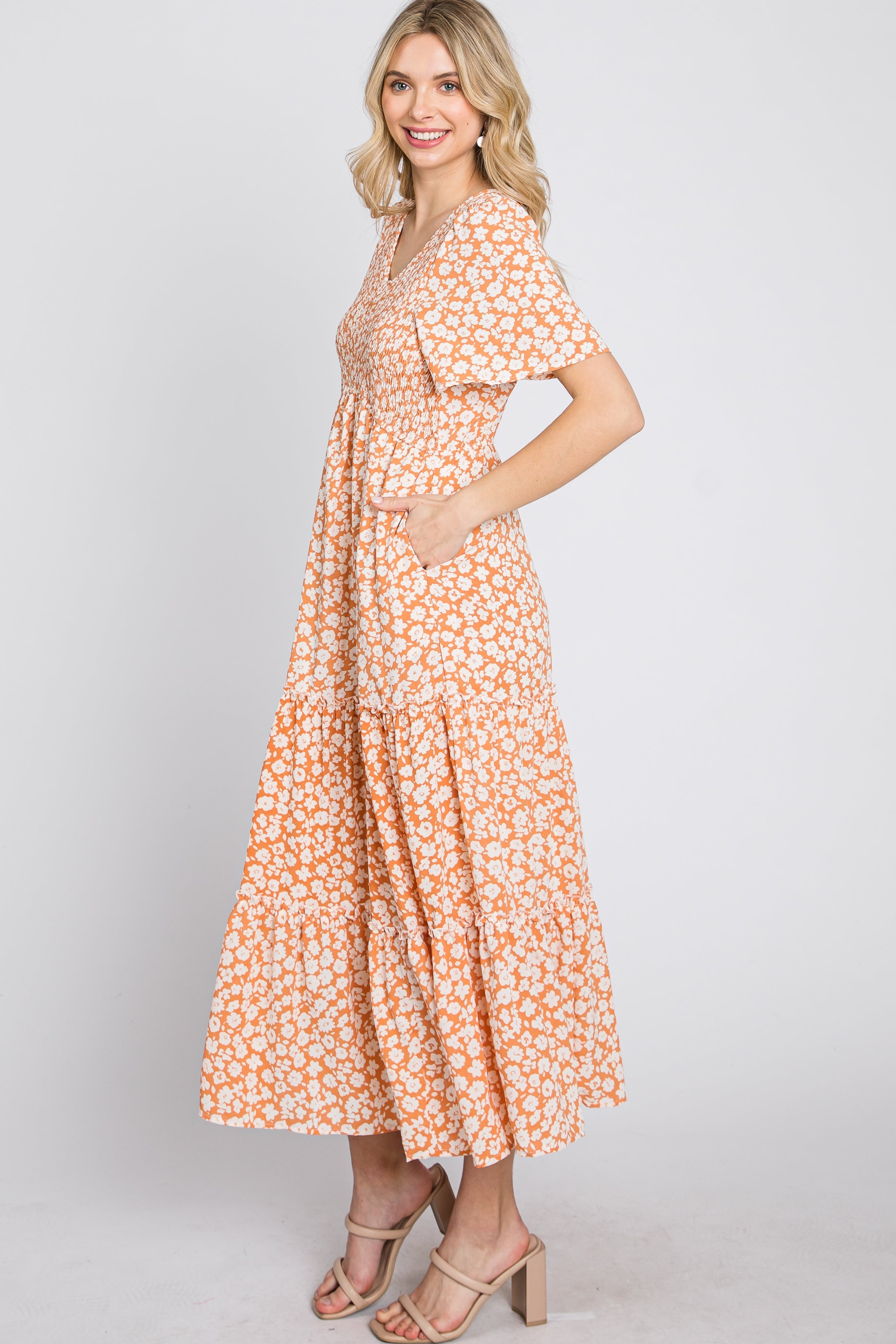 Peach Floral Tiered Midi Dress PinkBlush