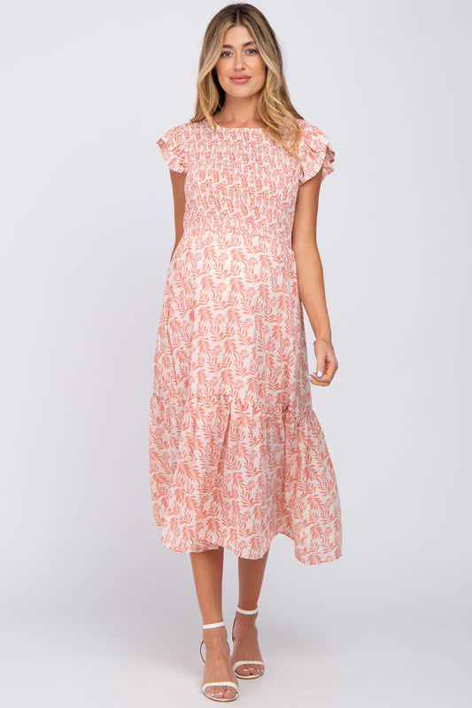 Pink Leaf Print Smocked Ruffle Sleeve Maternity Midi Dress PinkBlush