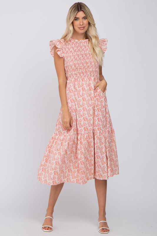 Pink Leaf Print Smocked Ruffle Sleeve Midi Dress PinkBlush