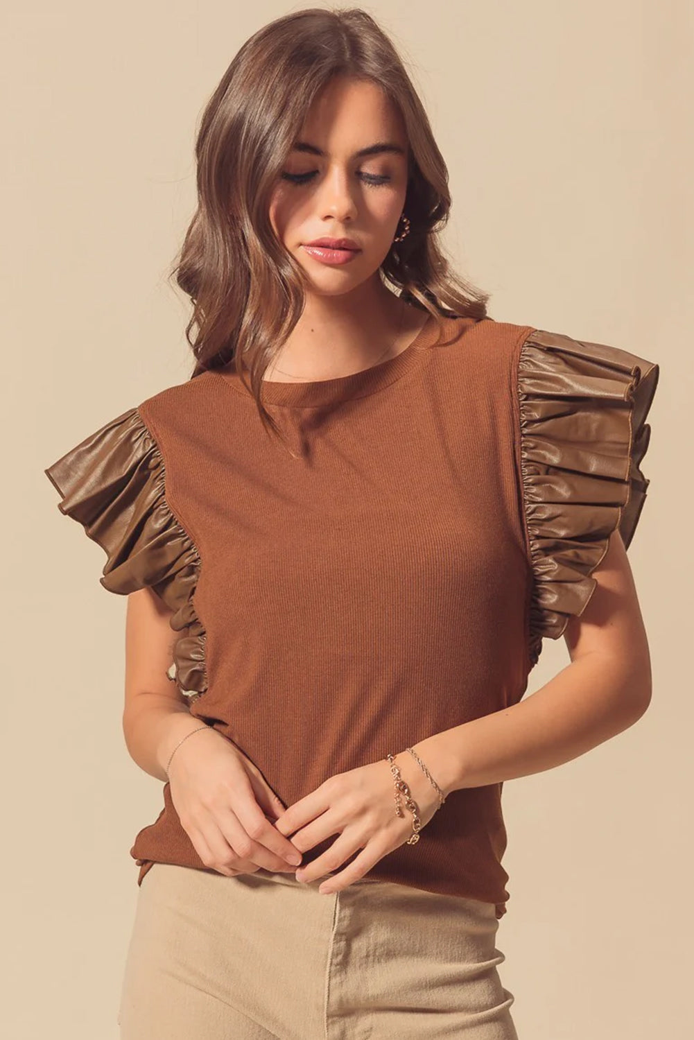 Cinnamon Ruffle Sleeve Faux Leather Round Neck Blouse