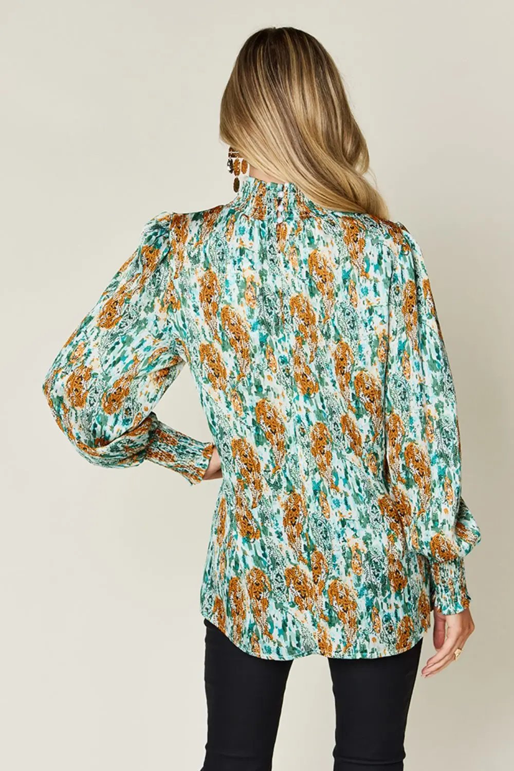 Double Take Full Size Printed Smocked Long Sleeve Blouse - Love Salve