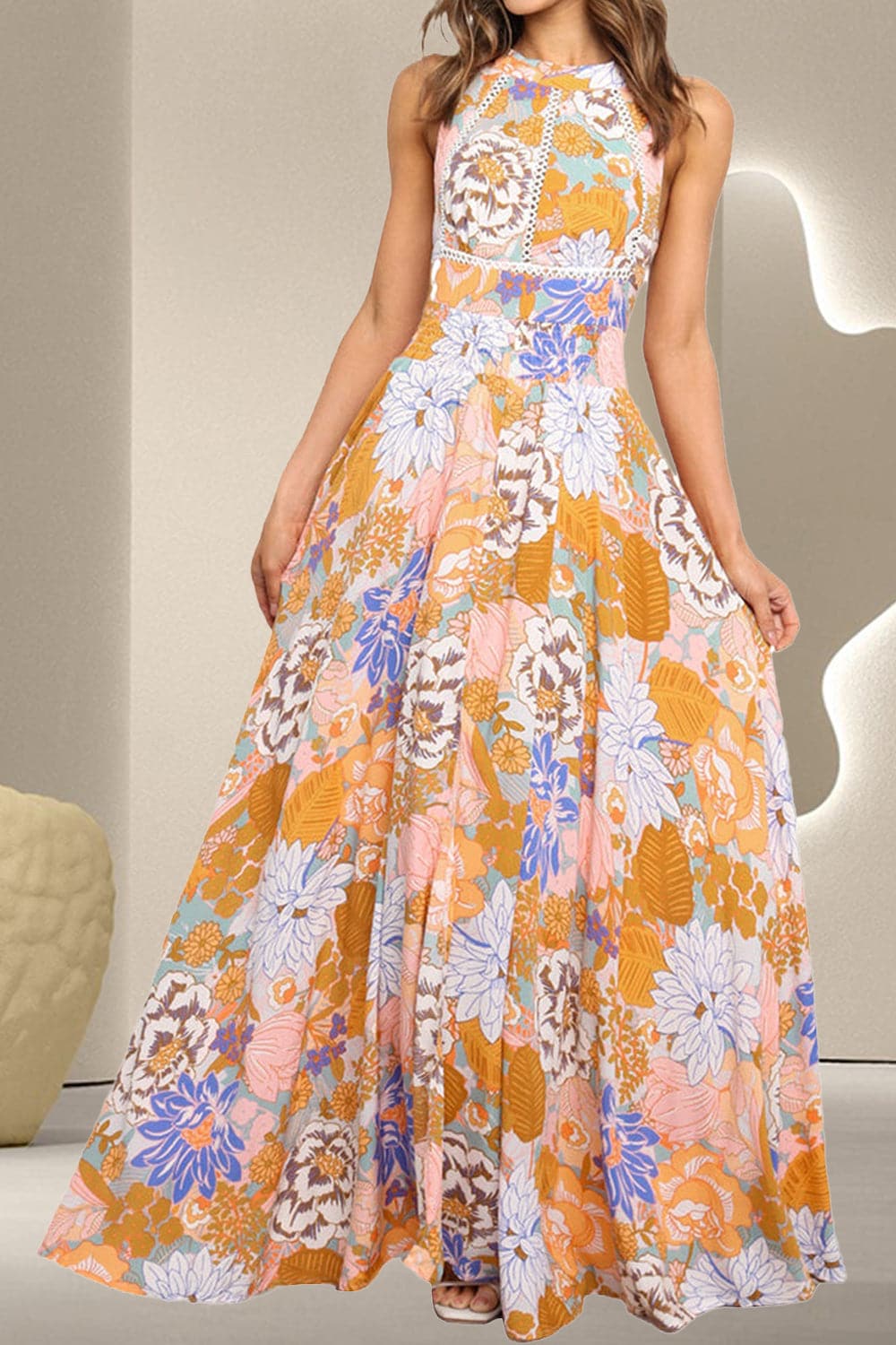 Tied Printed Grecian Sleeveless Maxi Dress.