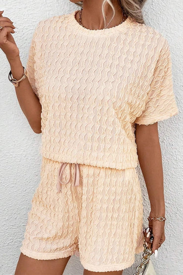 Textured Round Neck Top and Shorts Set.